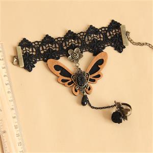 Gothic Black Lace Wristband Orange Butterfly Embellished Bracelet with Ring J18127
